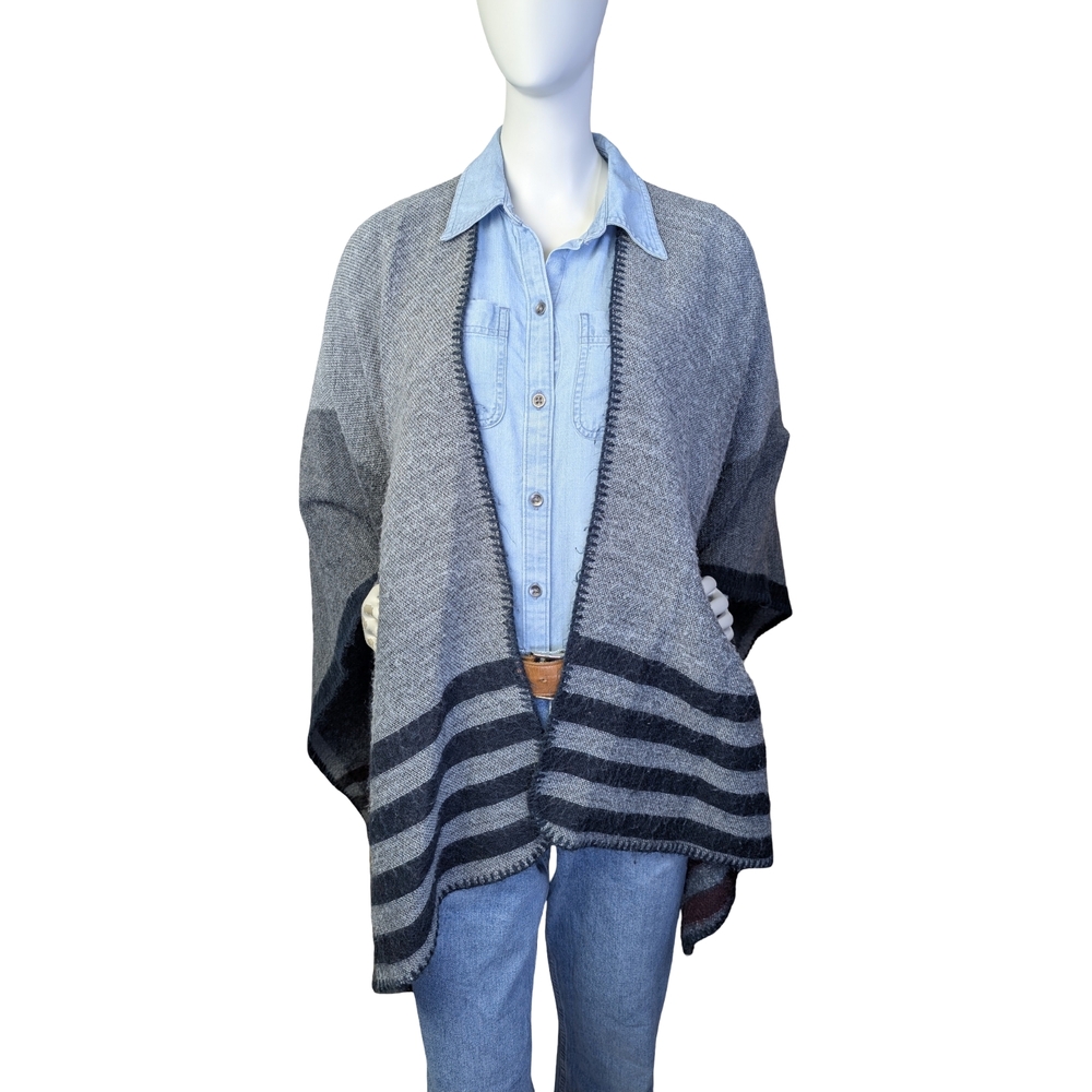 Knit Poncho Shawl, Reversible | Striped Wrap | Oversized One Size - Picture 5 of 5